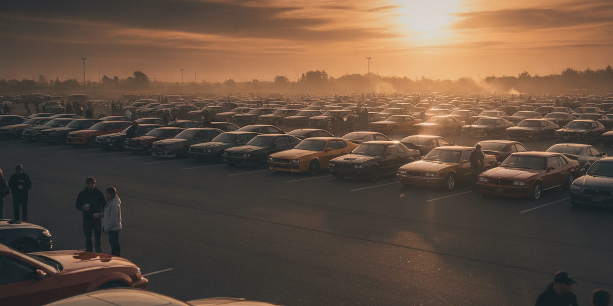 Enthusiast cars lined up at an early-morning Cars & Coffee meet